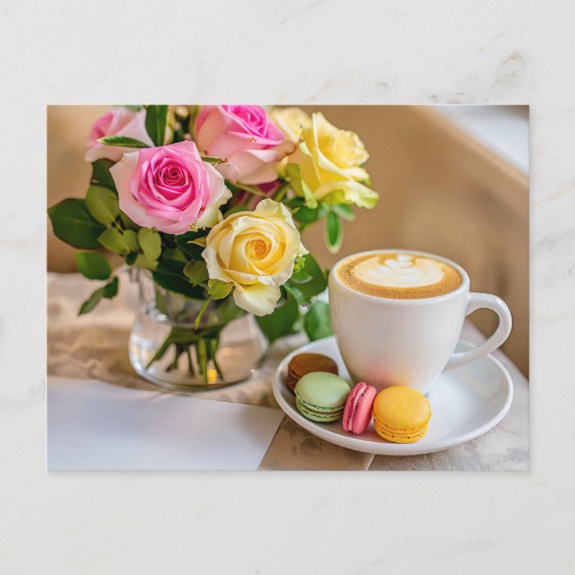Cartão Postal De Festividades Rose bouquet com café e macarrão (Frente)