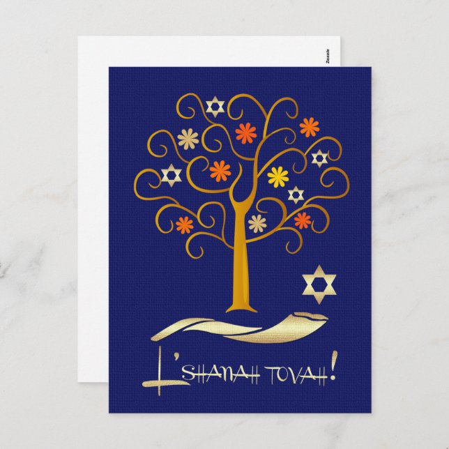 Cartão Postal De Festividades Rosh Hashanah | Ano Novo Judaico Azul Naval Ouro (Frente/Verso)
