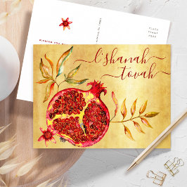 Cartão Postal De Festividades Rosh Hashanah Aquarela Romã Vermelha sobre Dourado