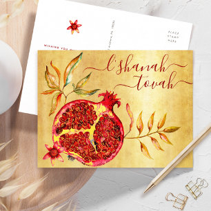 Cartão Postal De Festividades Rosh Hashanah Aquarela Romã Vermelha sobre Dourado