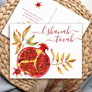 Cartão Postal De Festividades Rosh Hashanah Vermelho Dourado Aquarela Romã Negri