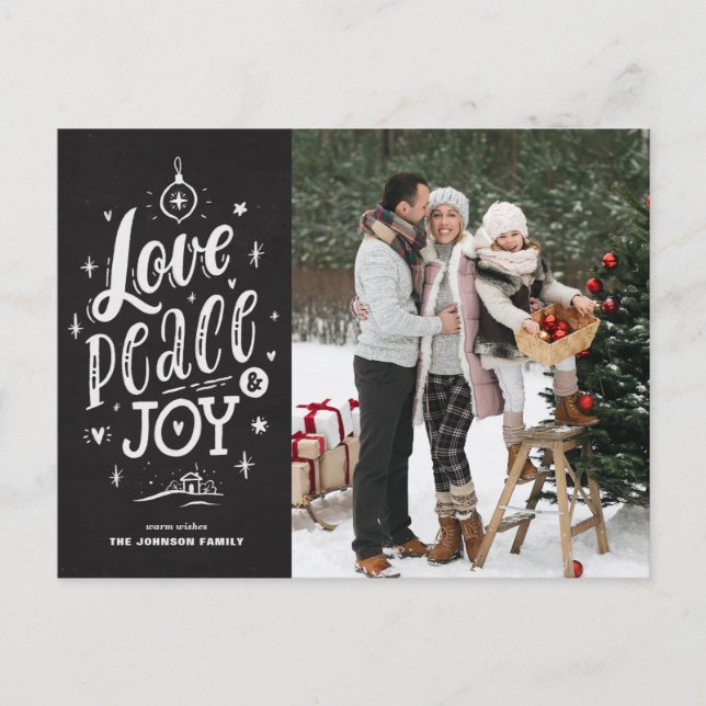 Cartão Postal De Festividades Roteiro Chalkboard Love Peace and Joy Lettering (Frente)