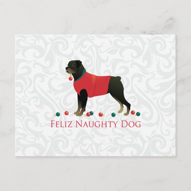 Cartão Postal De Festividades Rottweiler Feliz Naughn, Design de Natal (Frente)