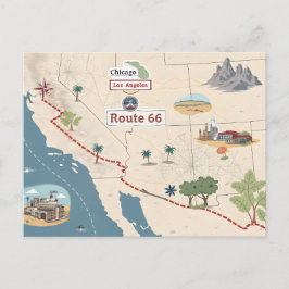 Cartão Postal De Festividades Route 66 Vintage Travel Map Illustration