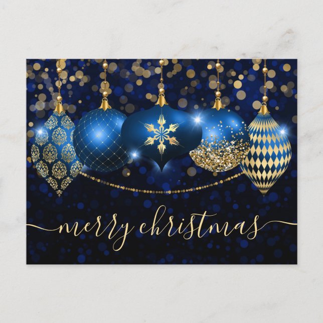 Cartão Postal De Festividades Royal Blue e Dourado Baubles Natal (Frente)