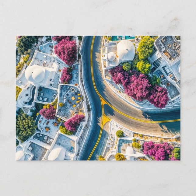 Cartão Postal De Festividades Rua da Vila Grega de Montanha com Bougainvillea (Frente)