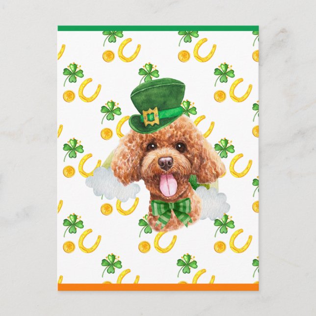 Cartão Postal De Festividades Rua de Poodle Shamrock. Dia dos Patricões (Frente)