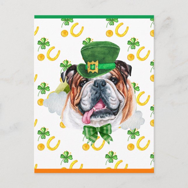 Cartão Postal De Festividades Rua Inglês Bulldog Shamrock. Dia dos Patricks (Frente)