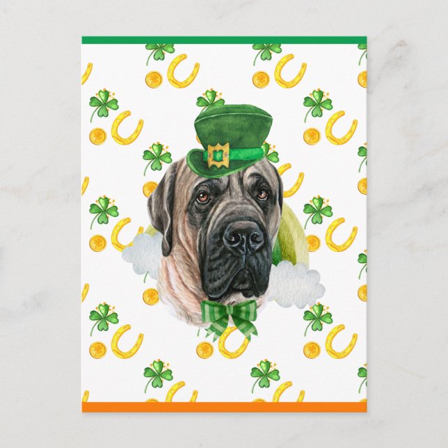 Cartão Postal De Festividades Rua Inglês Mastiff Shamrock. Dia dos Patricks (Frente)