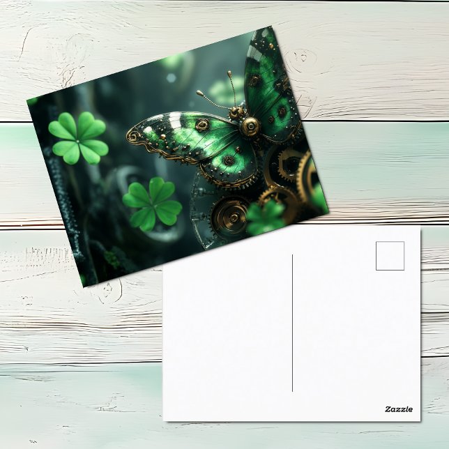 Cartão Postal De Festividades Rua. Patricks Day Steampunk Butterfly (Steampunk Green Butterfly St. Patrick's Day postcard)