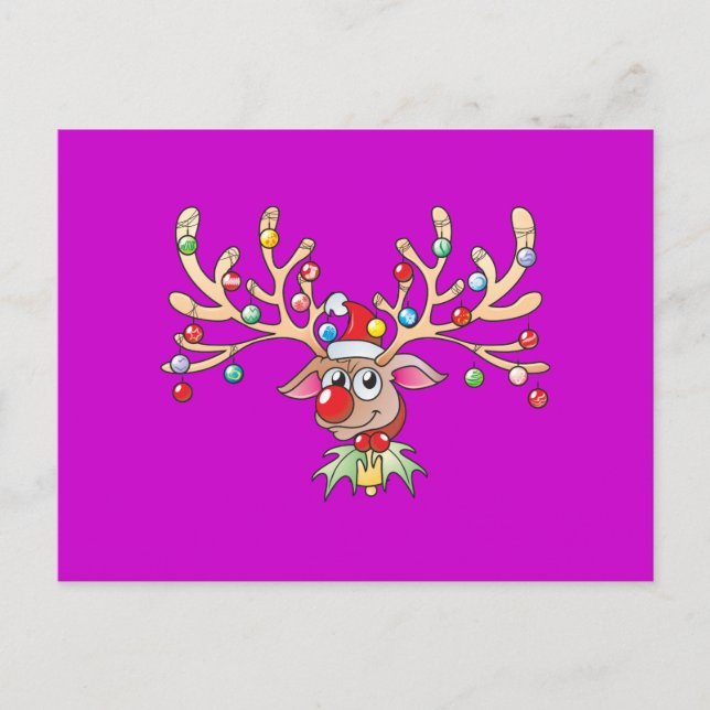 Cartão Postal De Festividades Rudolf Reindeer Bonito com Luzes de Natal Convidam (Frente)
