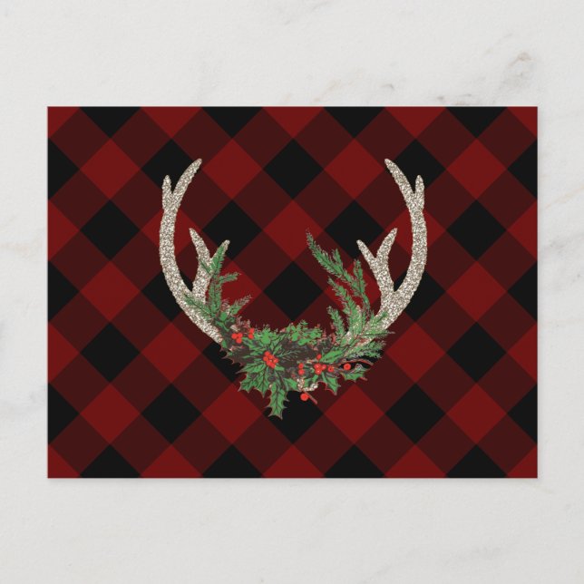 Cartão Postal De Festividades Rustic Boho Deer Antlers | Xadrez de Natal Floral (Frente)