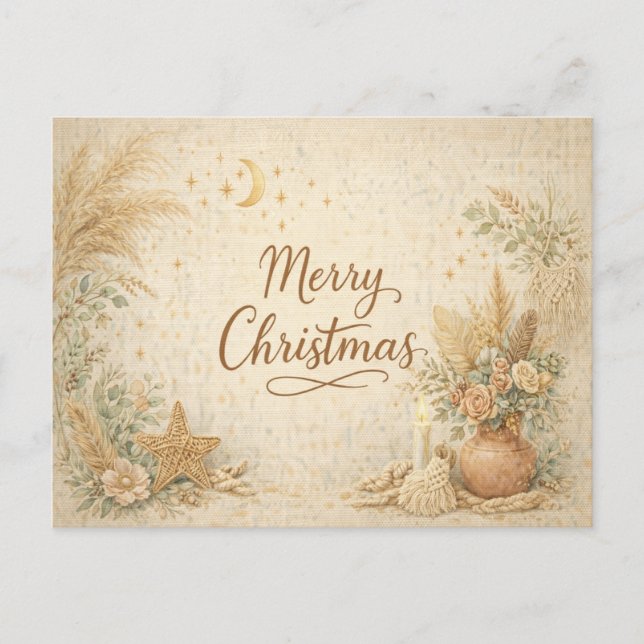 Cartão Postal De Festividades Rustic Boho Neutral Floral Merry Christmas (Frente)
