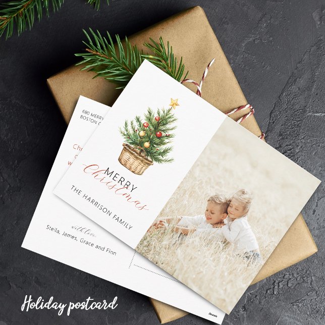 Cartão Postal De Festividades Rustic Christmas Tree In Basket Photo (Rustic Christmas Tree In Basket Flat Holiday Card)