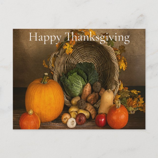 Cartão Postal De Festividades Rustic Cornucopia Harvest Thanksgiving Blessings (Frente)