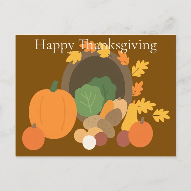 Cartão Postal De Festividades Rustic Cornucopia Harvest Thanksgiving Minimalist  (Frente)
