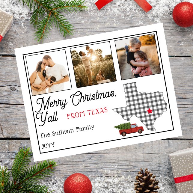 Cartão Postal De Festividades Rustic Felry Christmas da Texas 3 Photo (Rustic "Merry Christmas Y'all from Texas" Three Photo and State Holiday Postcard)