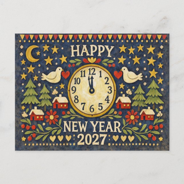 Cartão Postal De Festividades Rustic Folk Art Happy New Year 2027 (Frente)