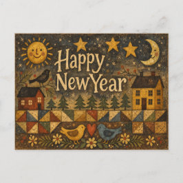 Cartão Postal De Festividades Rustic Folk Art Village New Year