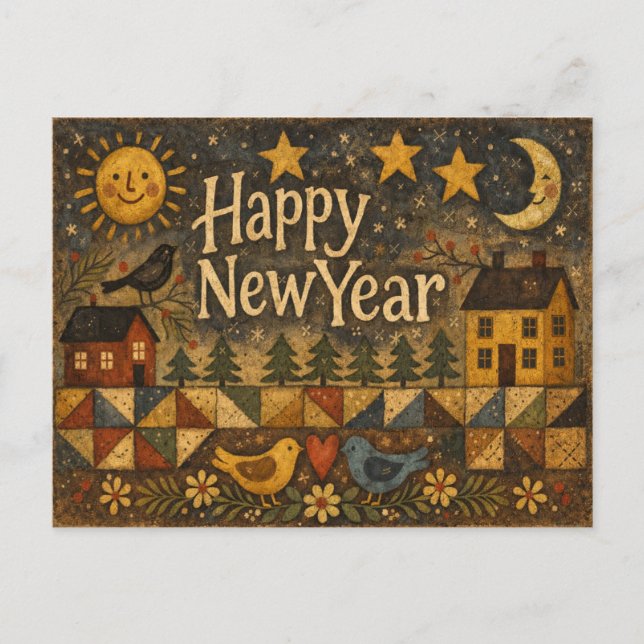 Cartão Postal De Festividades Rustic Folk Art Village New Year (Frente)