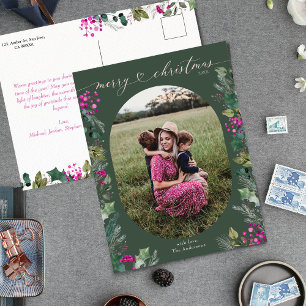 Cartão Postal De Festividades Rustic Green Botanicals Feliz Foto de Natal