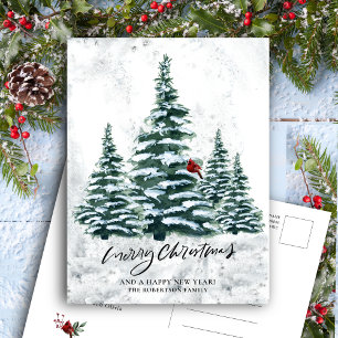 Cartão Postal De Festividades Rustic Green Pine Elegant Script MERRISTMAS
