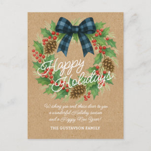 Cartão Postal De Festividades Rustic Holly Wreath Blue Arco Checkered Black