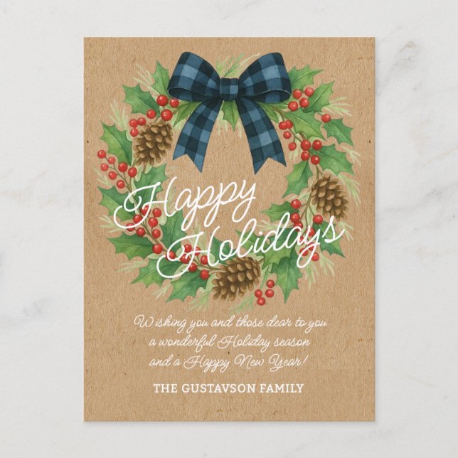 Cartão Postal De Festividades Rustic Holly Wreath Blue Arco Checkered Black (Frente)