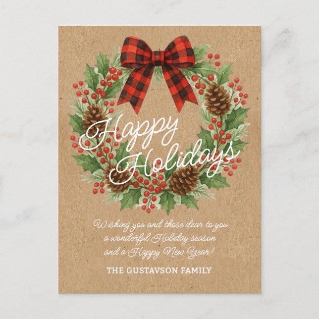 Cartão Postal De Festividades Rustic Holly Wreath Red Black Checking Arco (Frente)