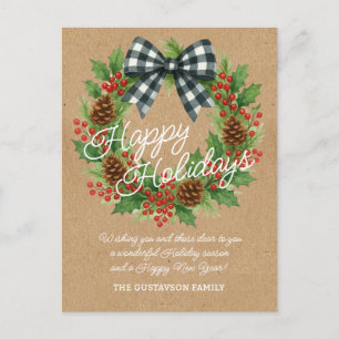Cartão Postal De Festividades Rustic Holly Wreath White Black Checking Arco