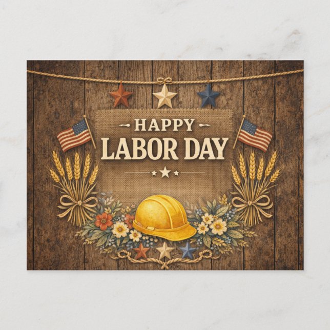 Cartão Postal De Festividades Rustic Patriotic Barnwood Happy Labor Day (Frente)