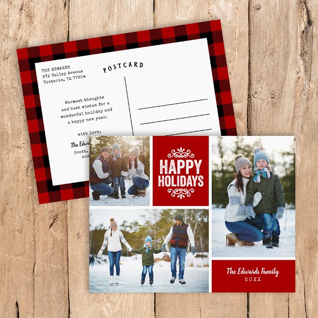 Cartão Postal De Festividades Rustic Red Happy Holidays 3 Colagem de Fotografias (Criador carregado)