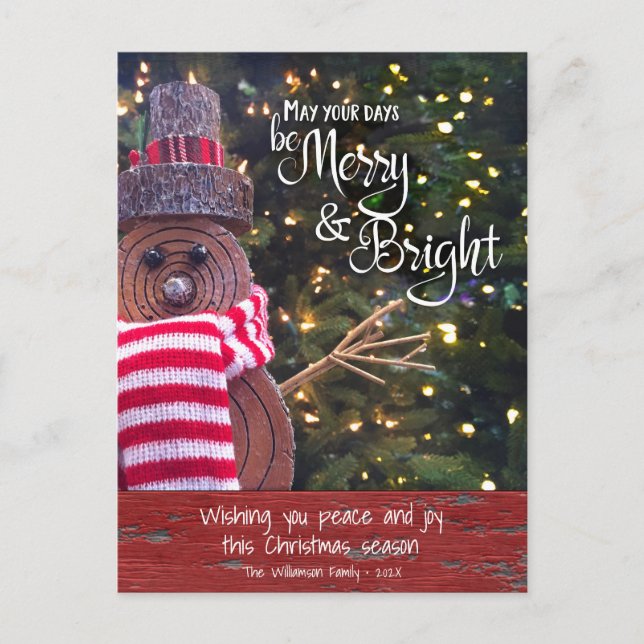 Cartão Postal De Festividades Rustic Snowman Days Be Feliz Bright Script Cuz (Frente)