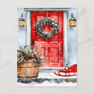 Cartão Postal De Festividades Rustic Vintage Winter Red Christmas Door Wreath