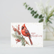 Rustic Watercolor Winter Cardinal Holly Branch