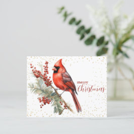 Cartão Postal De Festividades Rustic Watercolor Winter Cardinal Holly Branch