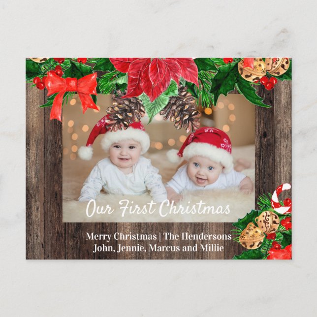 Cartão Postal De Festividades Rustic Wood Poinsettias Twins First Christmas (Frente)