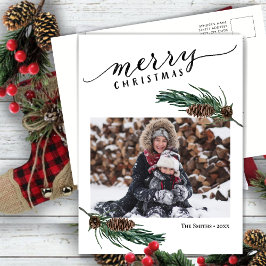 Cartão Postal De Festividades Rústico Pinheiro Verde Bough Watercolor Floral