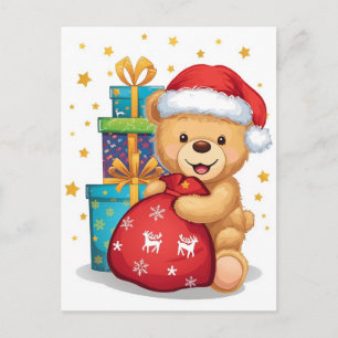 Cartão Postal De Festividades Saco de Papai Noel Urso Teddy Fofo Arte de Férias