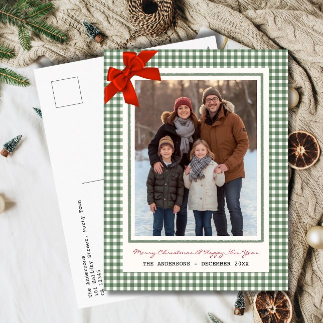 Cartão Postal De Festividades Sage Green Gingham Plaid Multi Photo Christmas (Green gingham plaid bow Christmas photo holiday postcard)