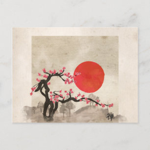 Cartão Postal De Festividades Sakura Blossom Landscape Zen Hieroglyph