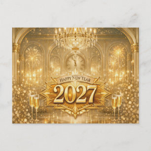 Cartão Postal De Festividades Salão de Ouro Opulento Feliz Ano Novo 2027