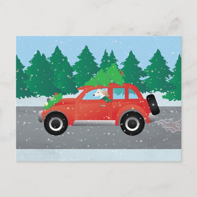 Cartão Postal De Festividades Saluki Driving Christmas Car with Tree on Top (Frente)