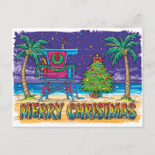 Cartão Postal De Festividades Salva-vidas da Praia Neon Retro Natal Férias