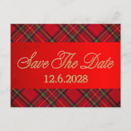 Cartão Postal De Festividades Salvar Data Plaid Dourado Fita Vermelha Corporativ