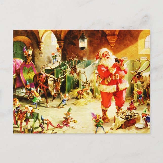 Cartão Postal De Festividades Santa and His Elves in The North Pole Stables (Frente)