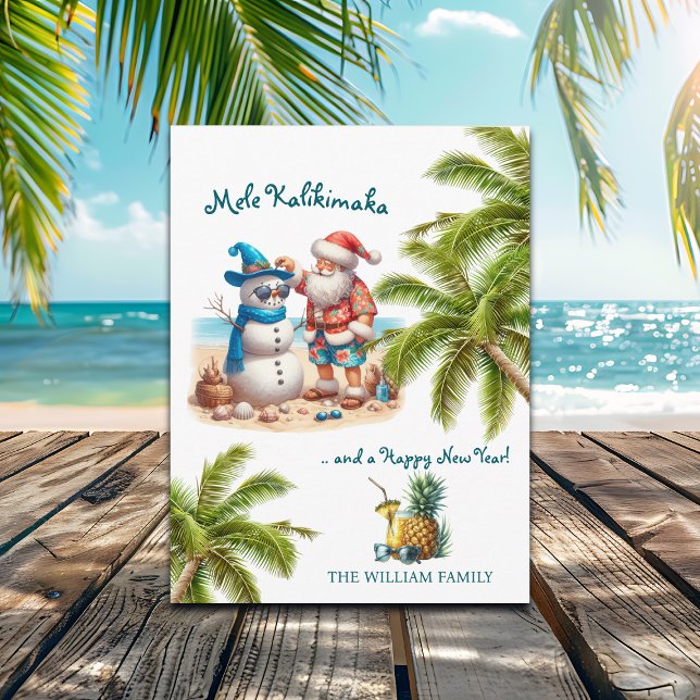 Cartão Postal De Festividades Santa and Snowman Mele Kalikimaka Christmas (Criador carregado)