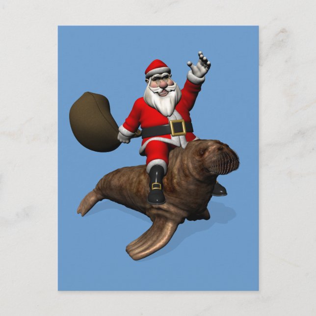Cartão Postal De Festividades Santa Claus Andando Em Walrus (Frente)