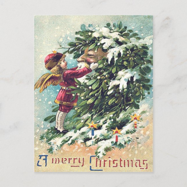 Cartão Postal De Festividades Santa Claus Angel Cherub Mistletoe (Frente)