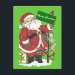 Cartão Postal De Festividades Santa Claus Cute Animals Merry Christmas<br><div class="desc">Cute traditional vintage image Santa Claus in a red suit holding a sign saying Merry Christmas.  He has his adorable animal friends and a tree decorated with red beads beside him.  See my store Art by MAR for more products with this design.</div>